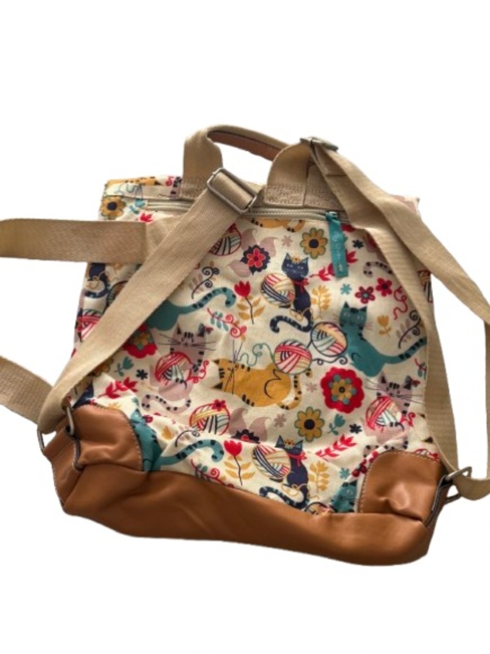 Lily Bloom Cat & Yarn Print Backpack Canvas Faux Leather Travel School Bag - Picture 3 of 7
